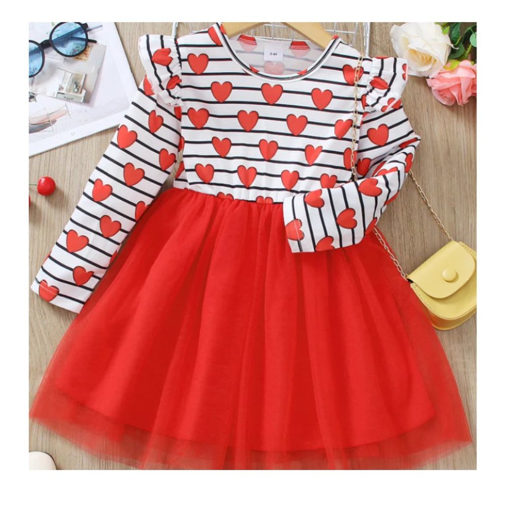 Girls Ruffle Sleeve Red Heart Dress